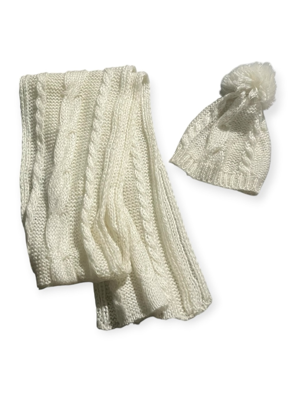 Jessica Simpson Cream Cable Knit Scarf and Pom Pom Beanie Set